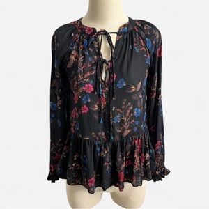 William Rast Lottie Floral Peasant Tie Front Blouse Ruffle Boho Goth